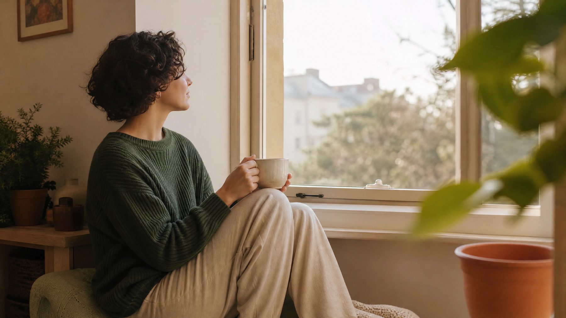 Eine Person sitzt ruhig am Fenster mit einer Tasse Tee